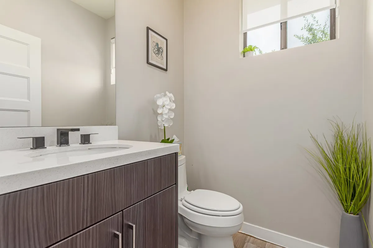A serene and minimalistic powder room featuring a vanity sink, toilet, and a decorative plant, with clean lines and calming wall art. The uncluttered space exudes both style and functionality, providing an inviting environment for guests.